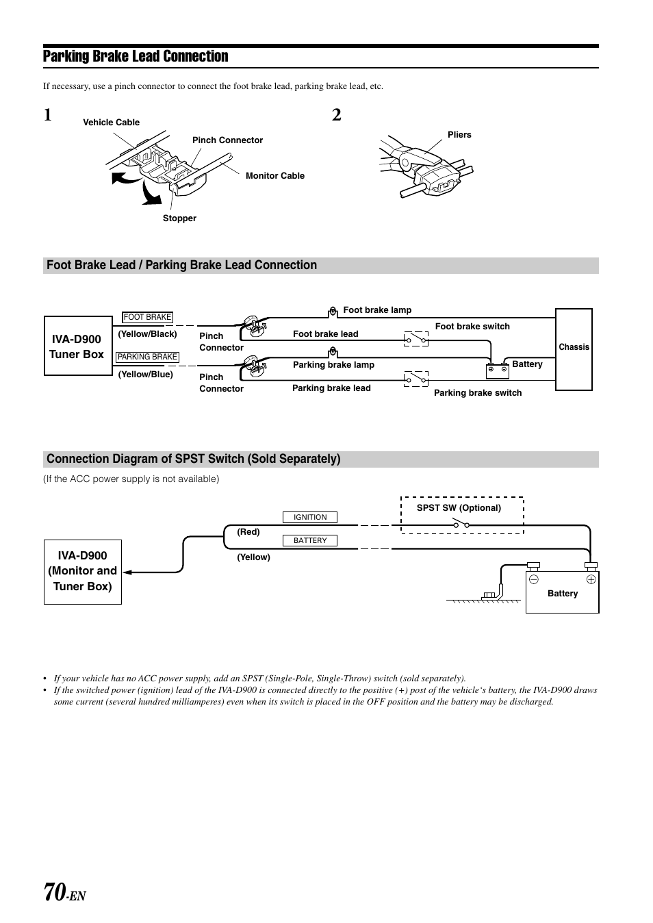 Parking brake lead connection, Foot brake lead / parking brake lead connection | Alpine MOBILE MULTIMEDIA STATION IVA-D900 User Manual | Page 72 / 79