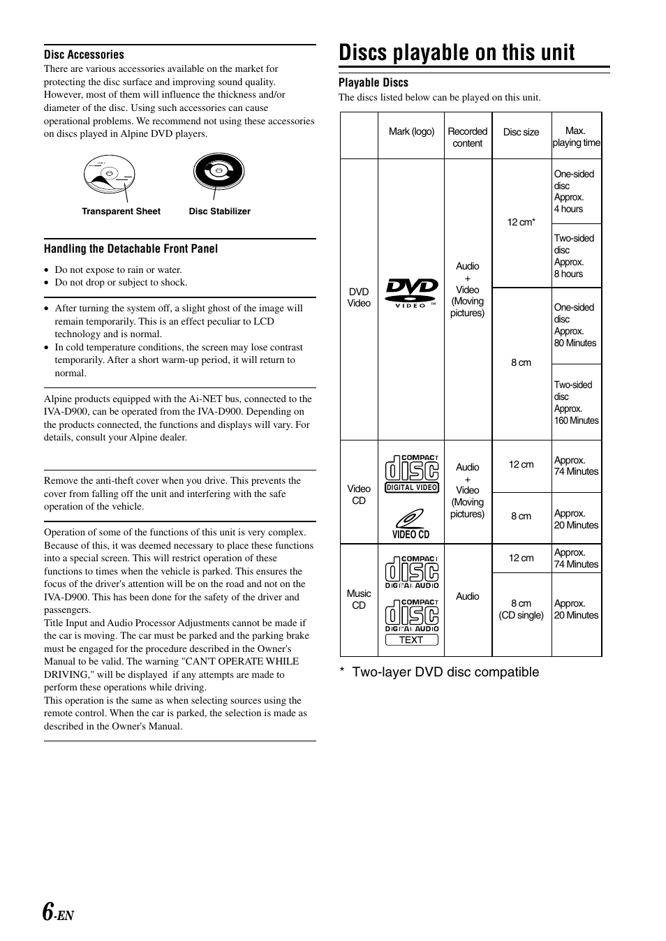 Discs playable on this unit, Two-layer dvd disc compatible | Alpine MOBILE MULTIMEDIA STATION IVA-D900 User Manual | Page 8 / 79