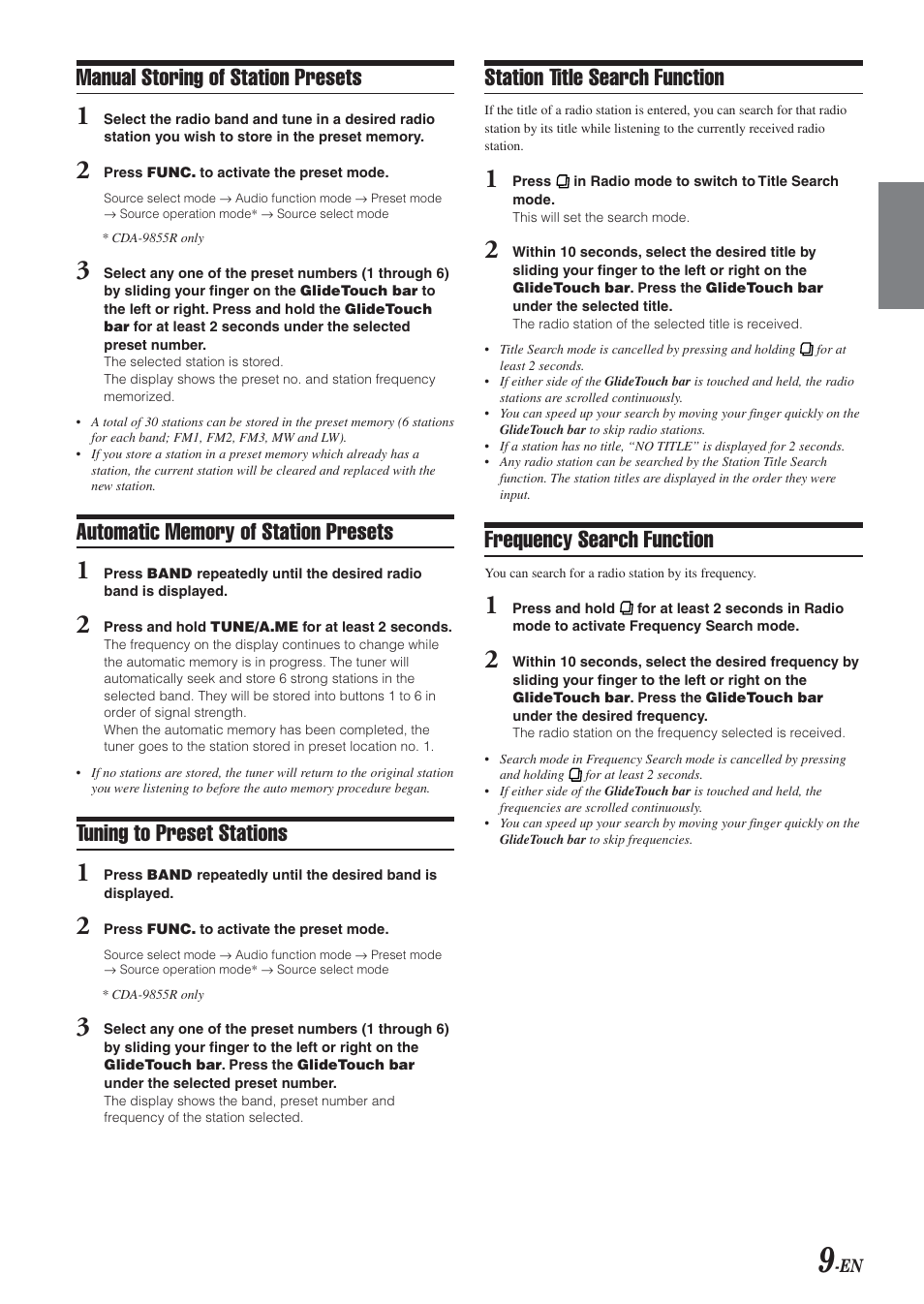 Manual storing of station presets, Tuning to preset stations, Station title search function | Frequency search function | Alpine CDA-9855R User Manual | Page 10 / 49