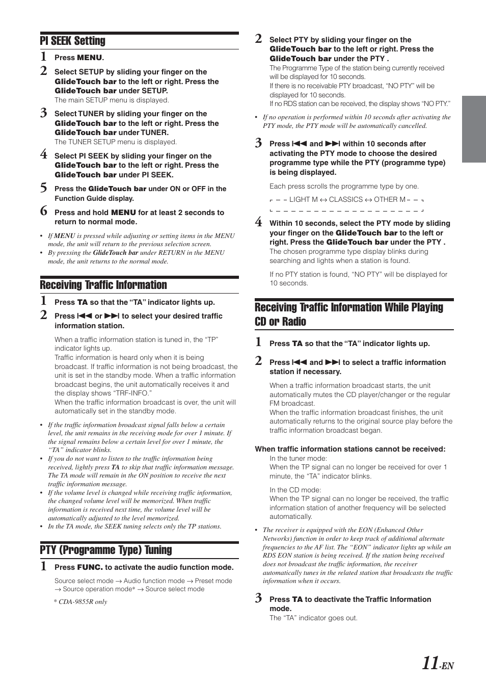 Pi seek setting, Receiving traffic information, Pty (programme type) tuning | Alpine CDA-9855R User Manual | Page 12 / 49