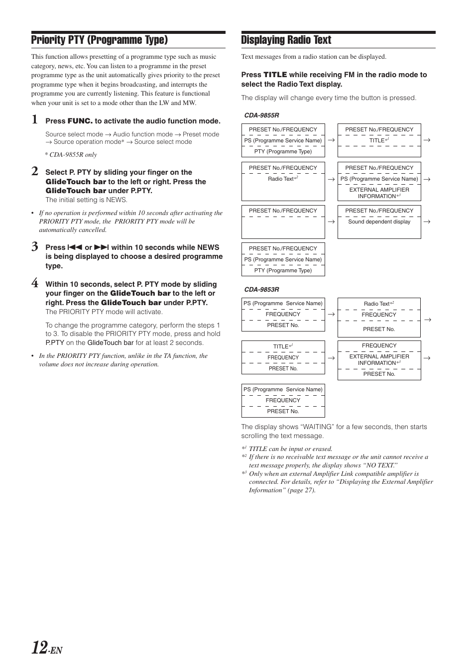 Displaying radio text, Priority pty (programme type) | Alpine CDA-9855R User Manual | Page 13 / 49