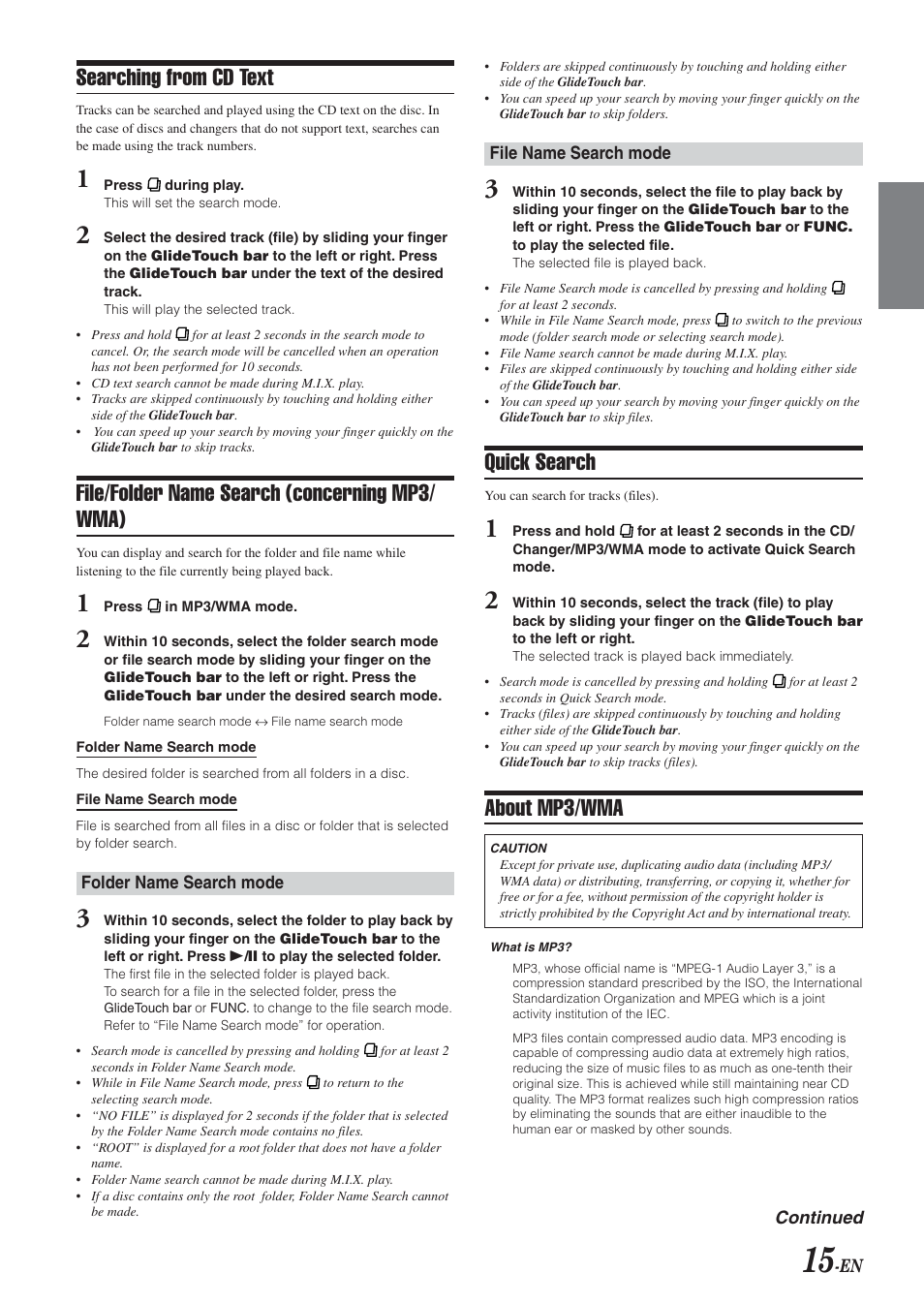 Searching from cd text, File/folder name search (concerning mp3/ wma), Quick search | About mp3/wma | Alpine CDA-9855R User Manual | Page 16 / 49