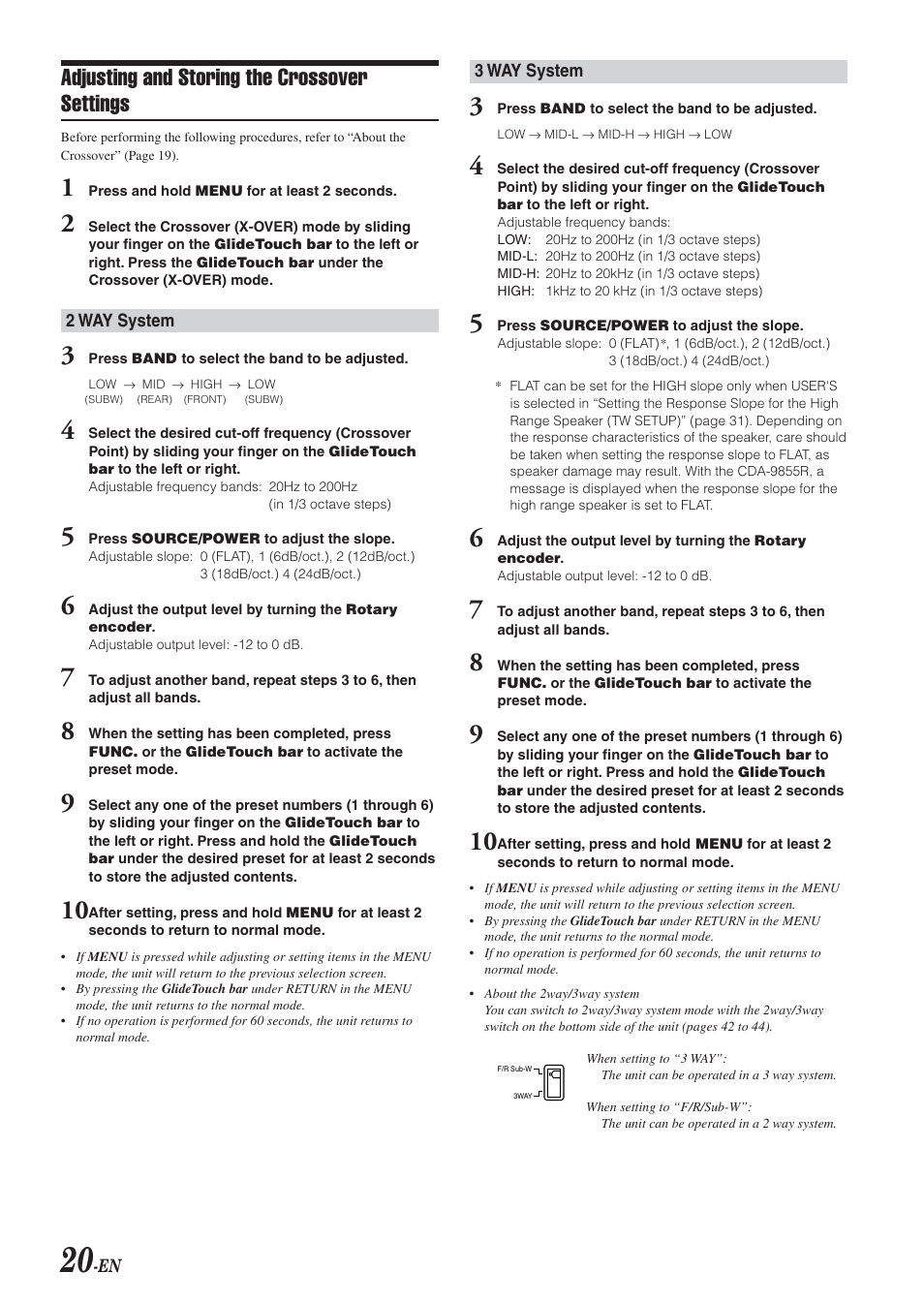 Adjusting and storing the crossover settings | Alpine CDA-9855R User Manual | Page 21 / 49