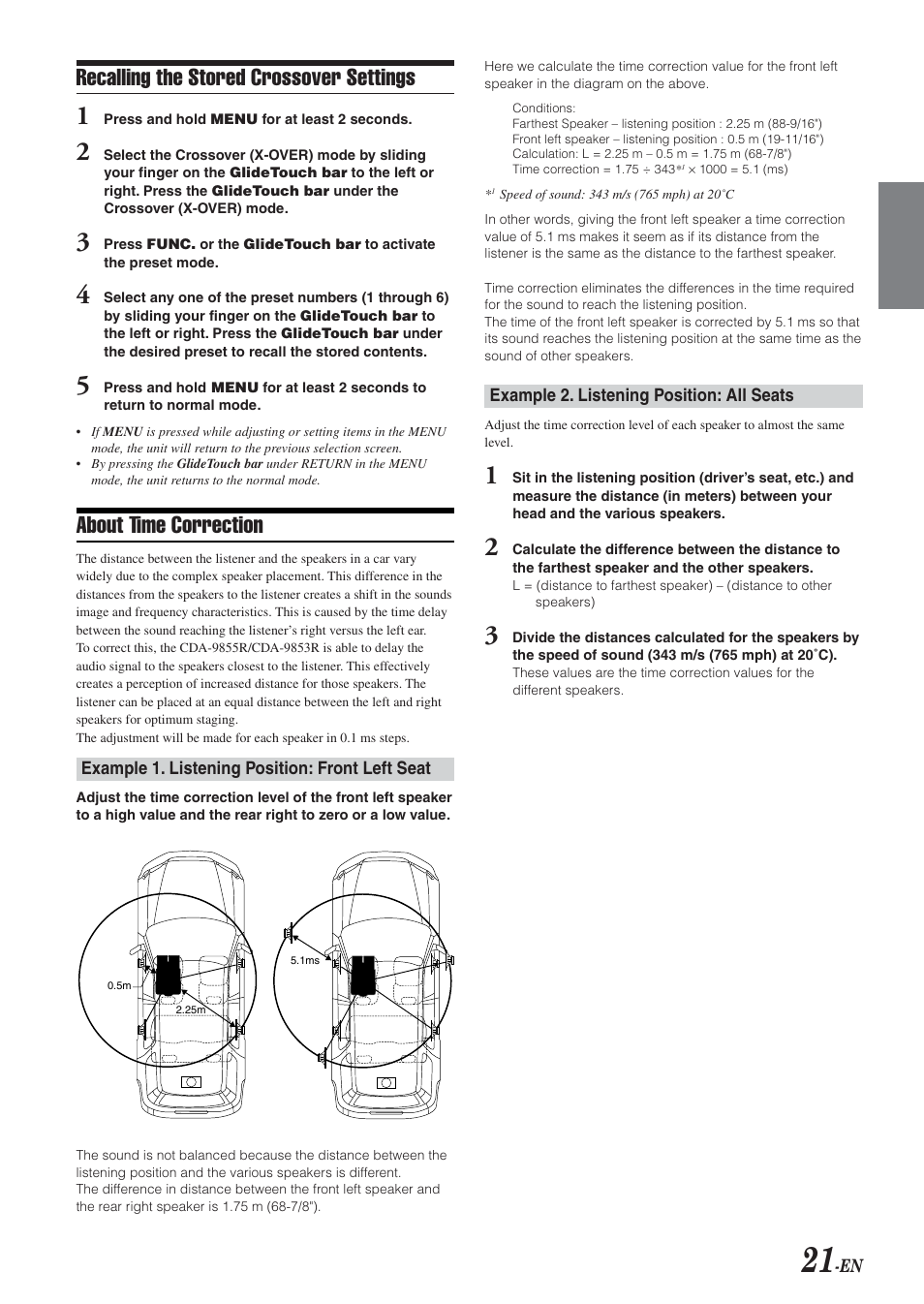 Recalling the stored crossover settings, About time correction | Alpine CDA-9855R User Manual | Page 22 / 49