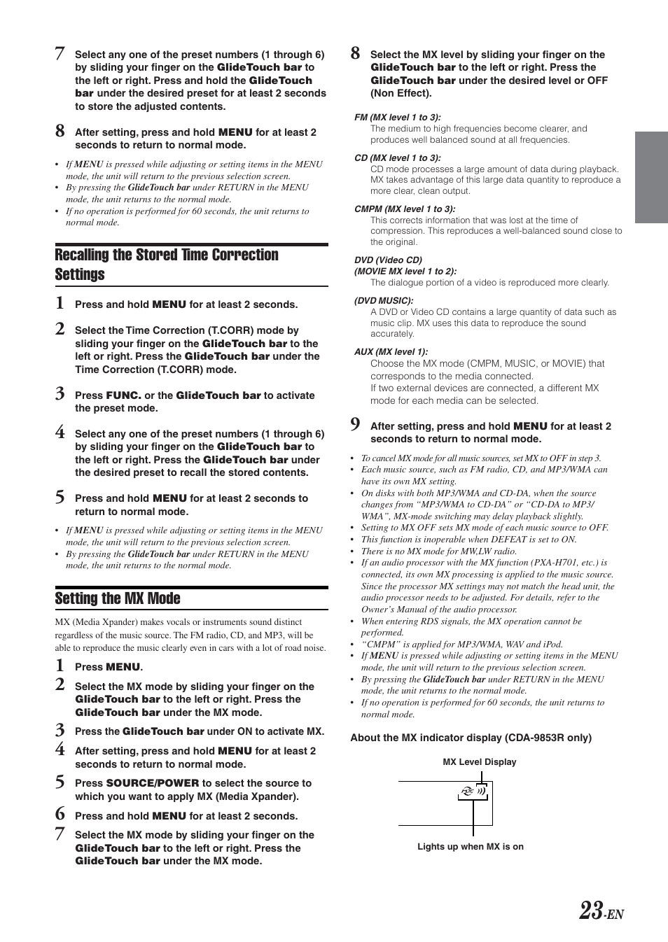 Recalling the stored time correction settings, Setting the mx mode | Alpine CDA-9855R User Manual | Page 24 / 49