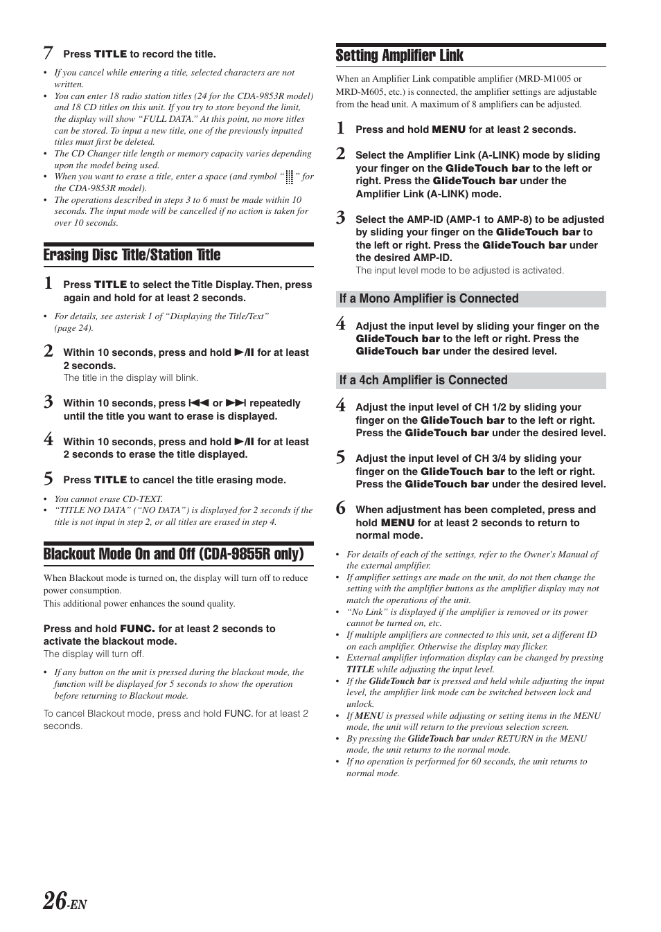 Setting amplifier link, Erasing disc title/station title, Blackout mode on and off (cda-9855r only) | Alpine CDA-9855R User Manual | Page 27 / 49