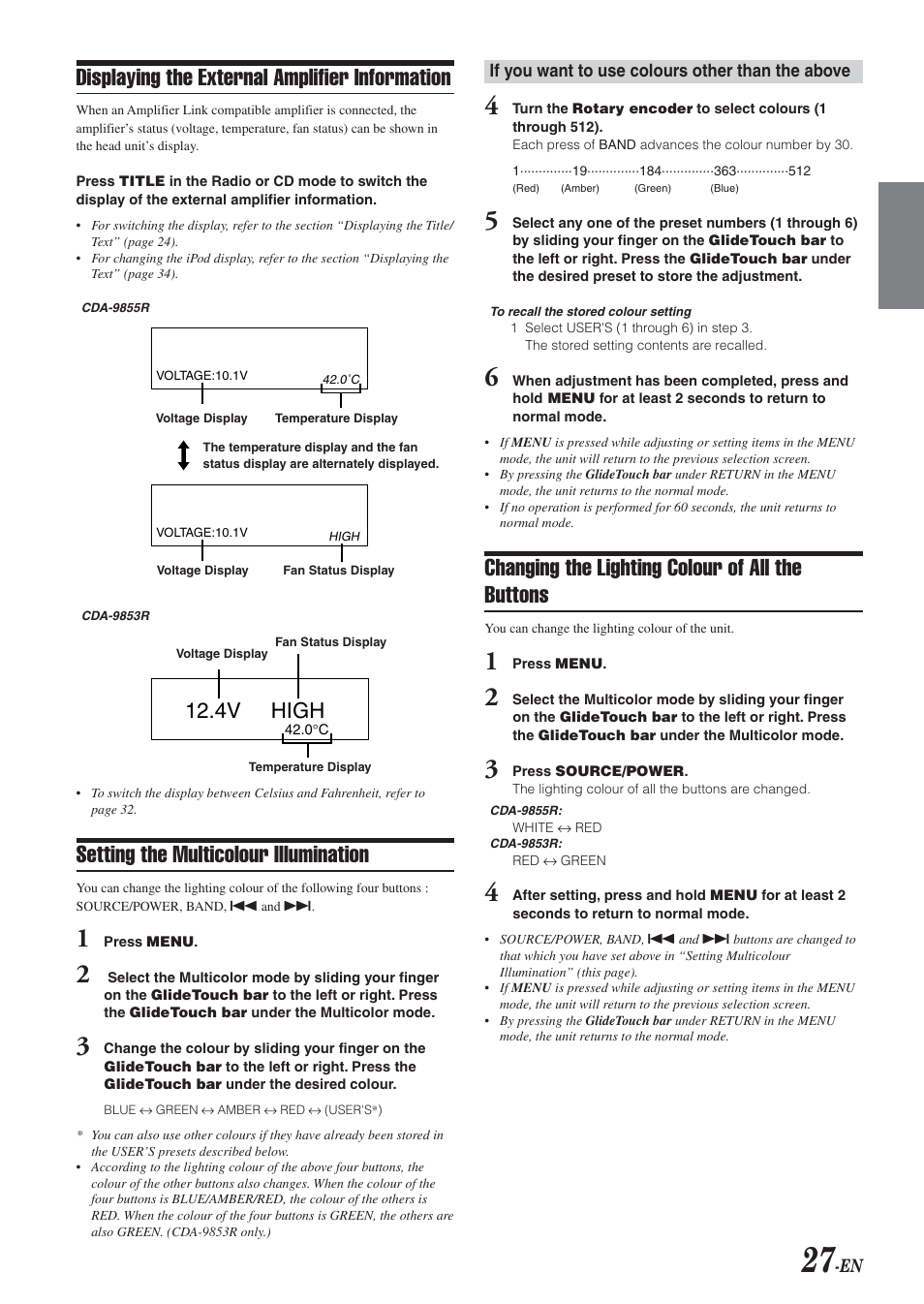 Displaying the external amplifier information, Setting the multicolour illumination, Changing the lighting colour of all the buttons | 4v high | Alpine CDA-9855R User Manual | Page 28 / 49