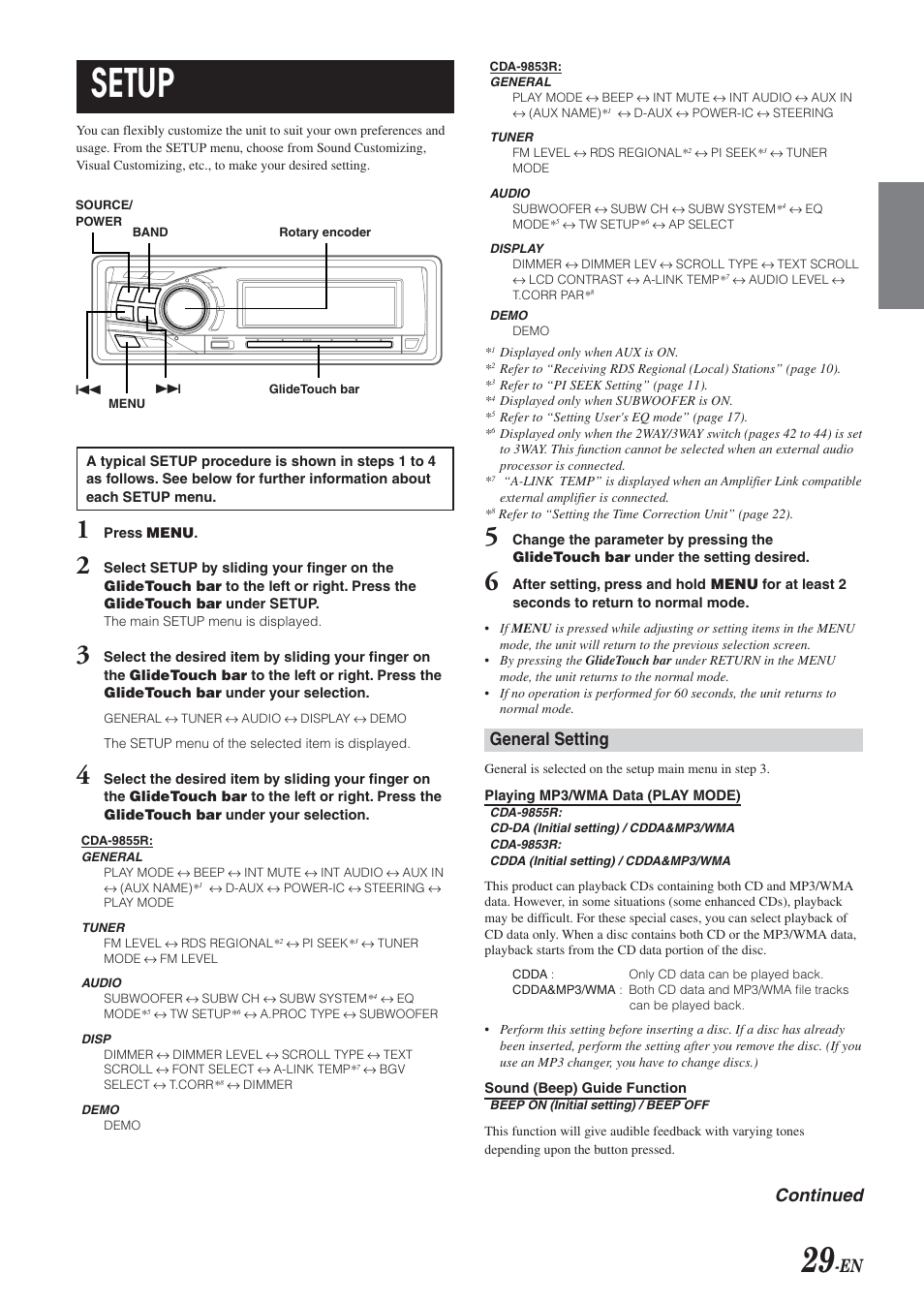 Setup, General setting, Continued | Alpine CDA-9855R User Manual | Page 30 / 49