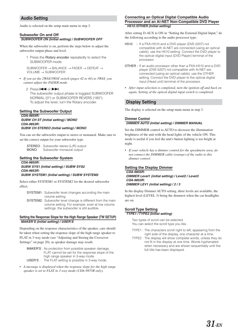 Display setting, Audio setting | Alpine CDA-9855R User Manual | Page 32 / 49