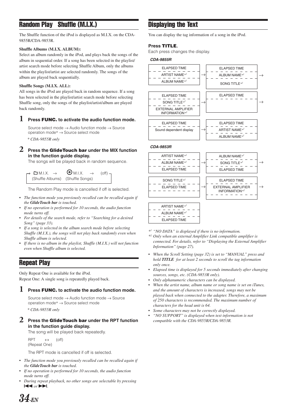 Displaying the text, Random play shuffle (m.i.x.), Repeat play | Alpine CDA-9855R User Manual | Page 35 / 49