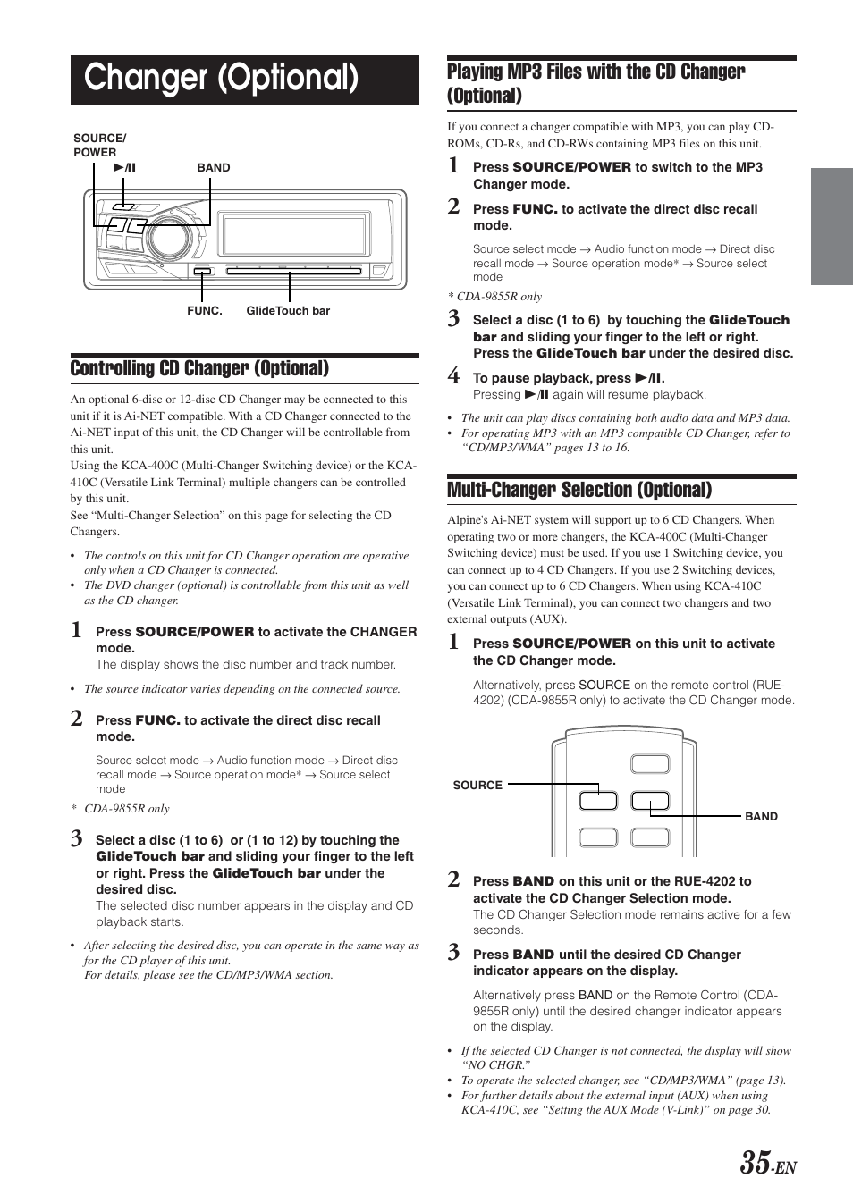 Changer (optional), Controlling cd changer (optional), Playing mp3 files with the cd changer (optional) | Multi-changer selection (optional) | Alpine CDA-9855R User Manual | Page 36 / 49