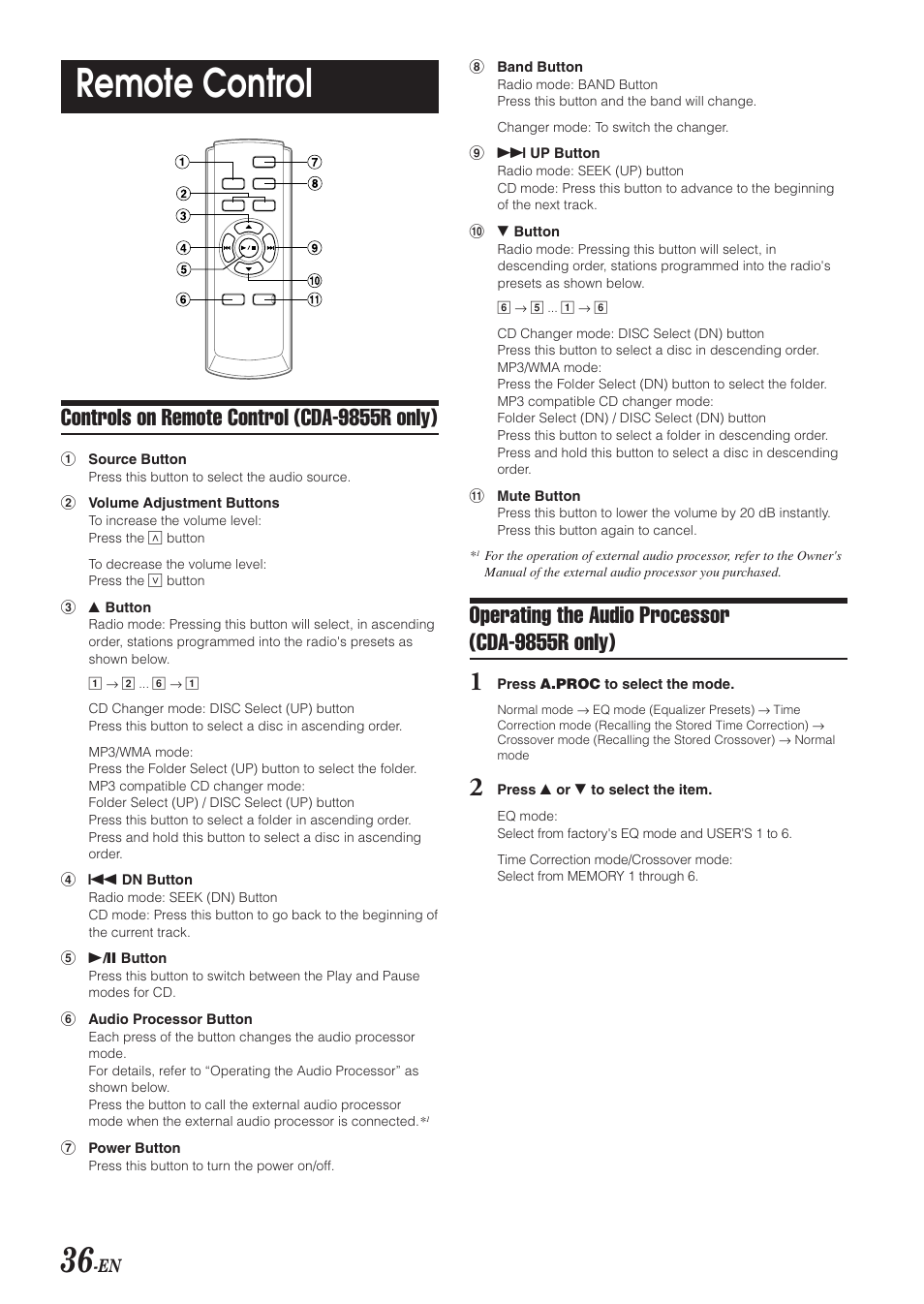 Remote control, Controls on remote control (cda-9855r only), Operating the audio processor (cda-9855r only) | Alpine CDA-9855R User Manual | Page 37 / 49