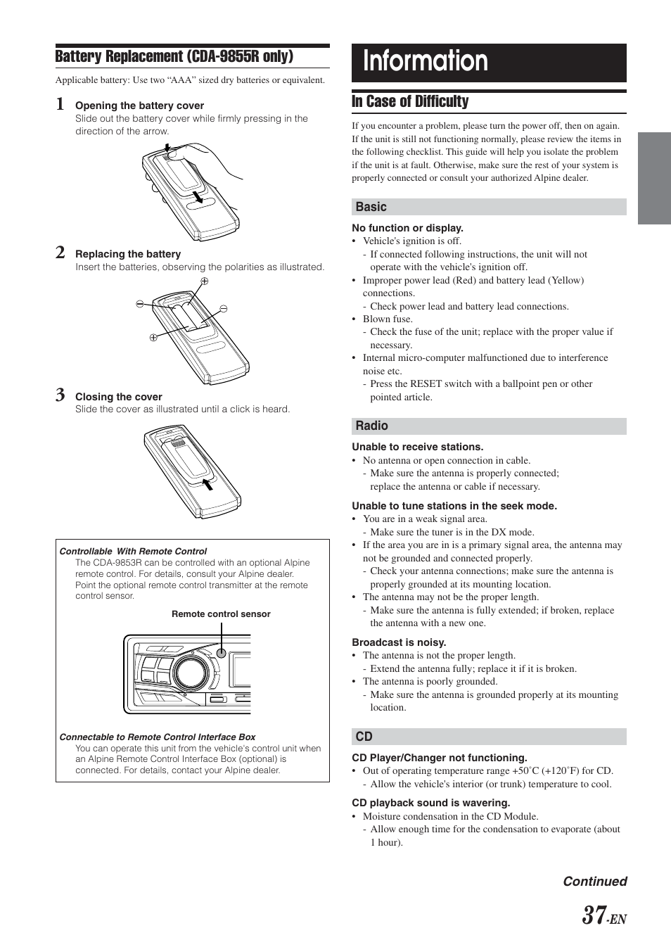 Information, Battery replacement (cda-9855r only) | Alpine CDA-9855R User Manual | Page 38 / 49