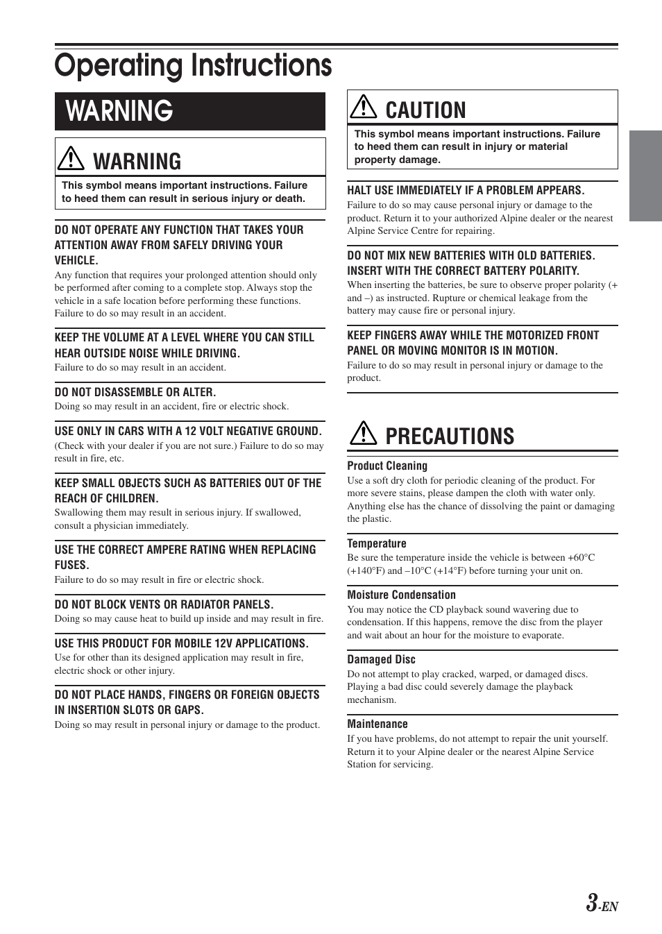 Operating instructions, Warning, Caution | Precautions | Alpine CDA-9855R User Manual | Page 4 / 49