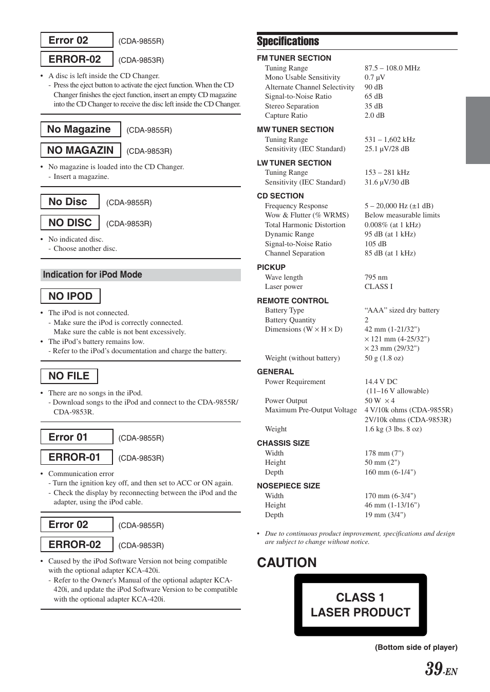 Caution, Specifications, Class 1 laser product | Error 02, Error-02, No magazine, No magazin, No disc, No ipod, No file | Alpine CDA-9855R User Manual | Page 40 / 49