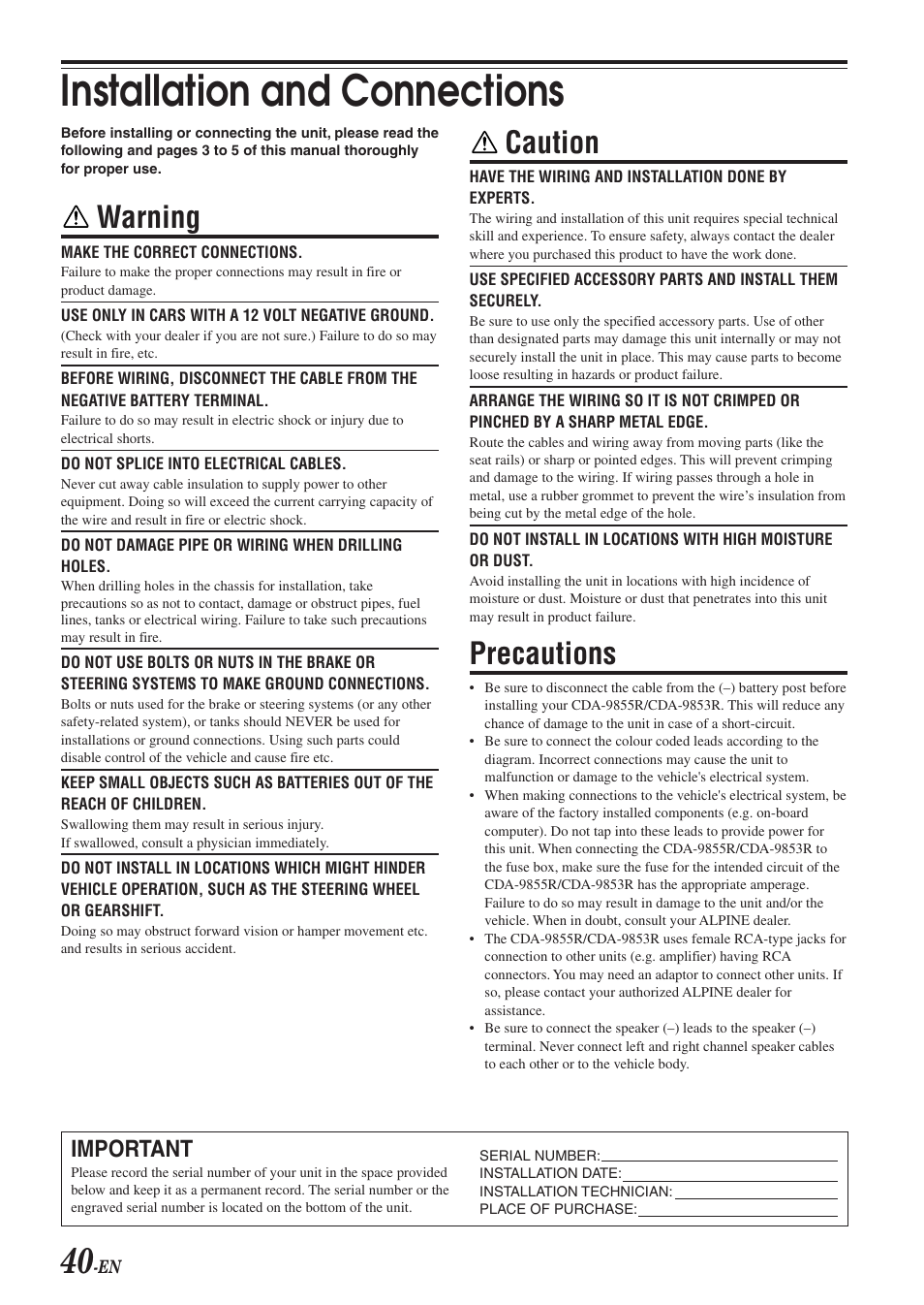 Installation and connections, Warning, Caution | Precautions, Important | Alpine CDA-9855R User Manual | Page 41 / 49