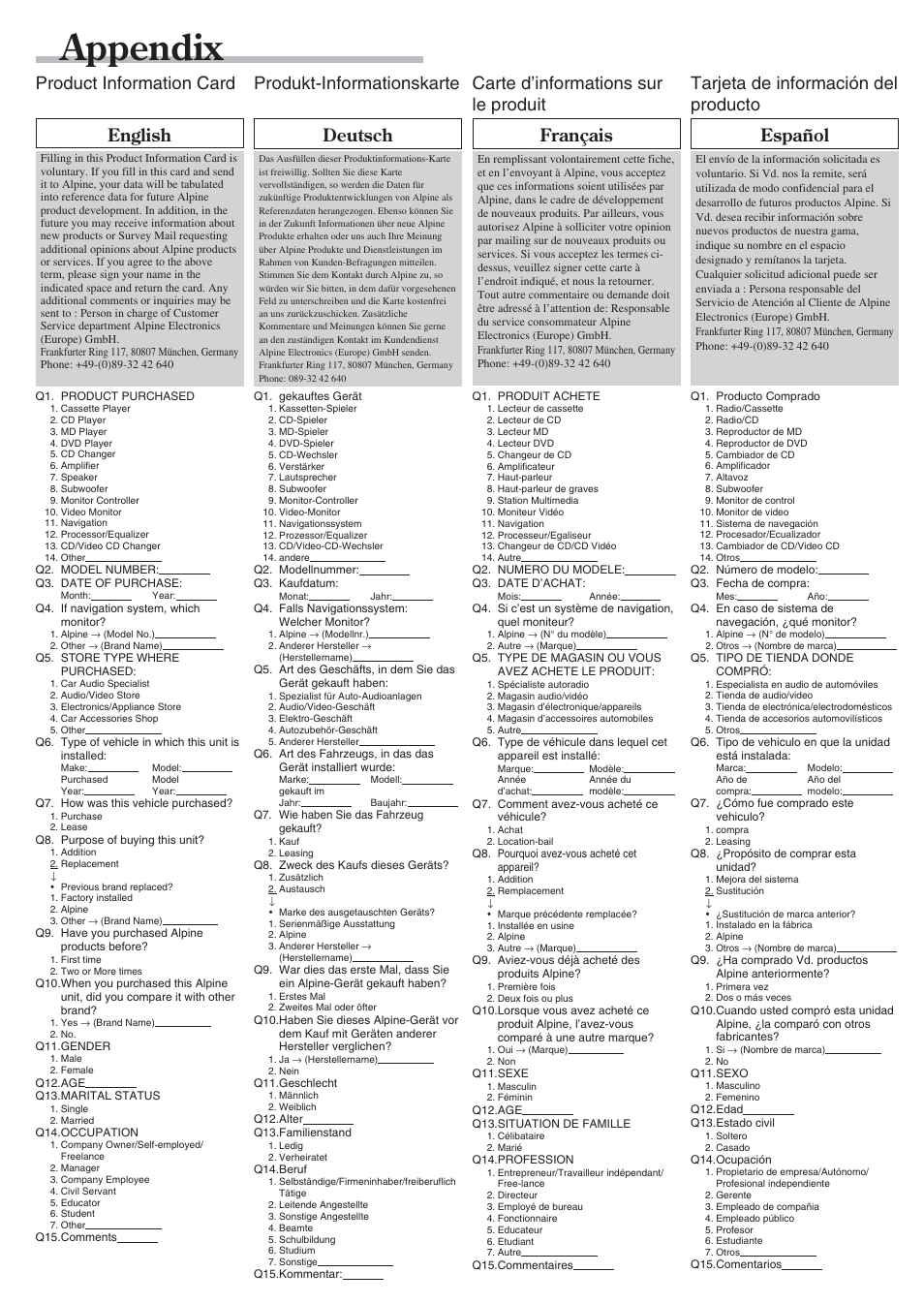 Appendix, Product information card english, Produkt-informationskarte deutsch | Carte d’informations sur le produit français, Tarjeta de información del producto español | Alpine CDA-9855R User Manual | Page 47 / 49