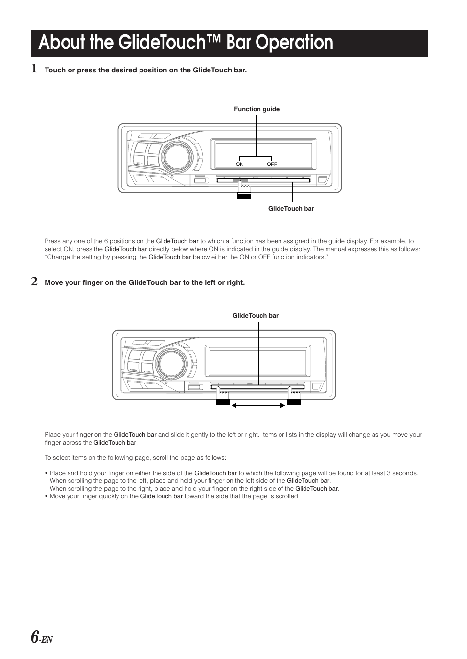 About the glidetouch™ bar operation | Alpine CDA-9855R User Manual | Page 7 / 49