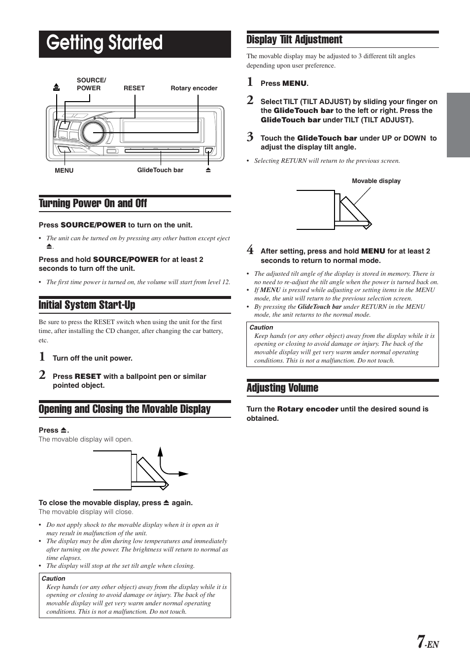 Getting started, Turning power on and off, Initial system start-up | Opening and closing the movable display, Display tilt adjustment, Adjusting volume | Alpine CDA-9855R User Manual | Page 8 / 49