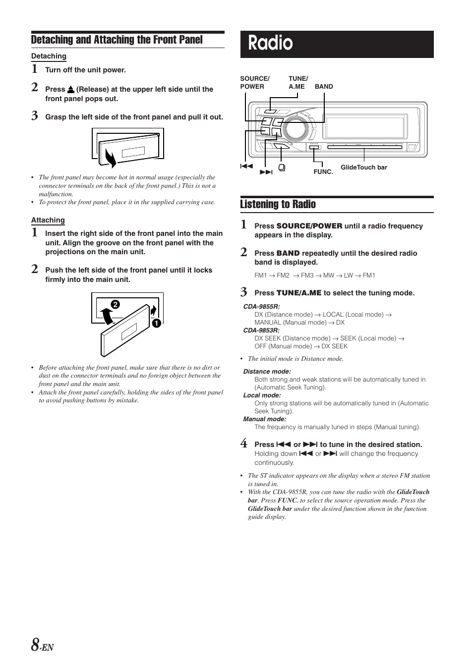 Radio, Detaching and attaching the front panel, Listening to radio | Alpine CDA-9855R User Manual | Page 9 / 49