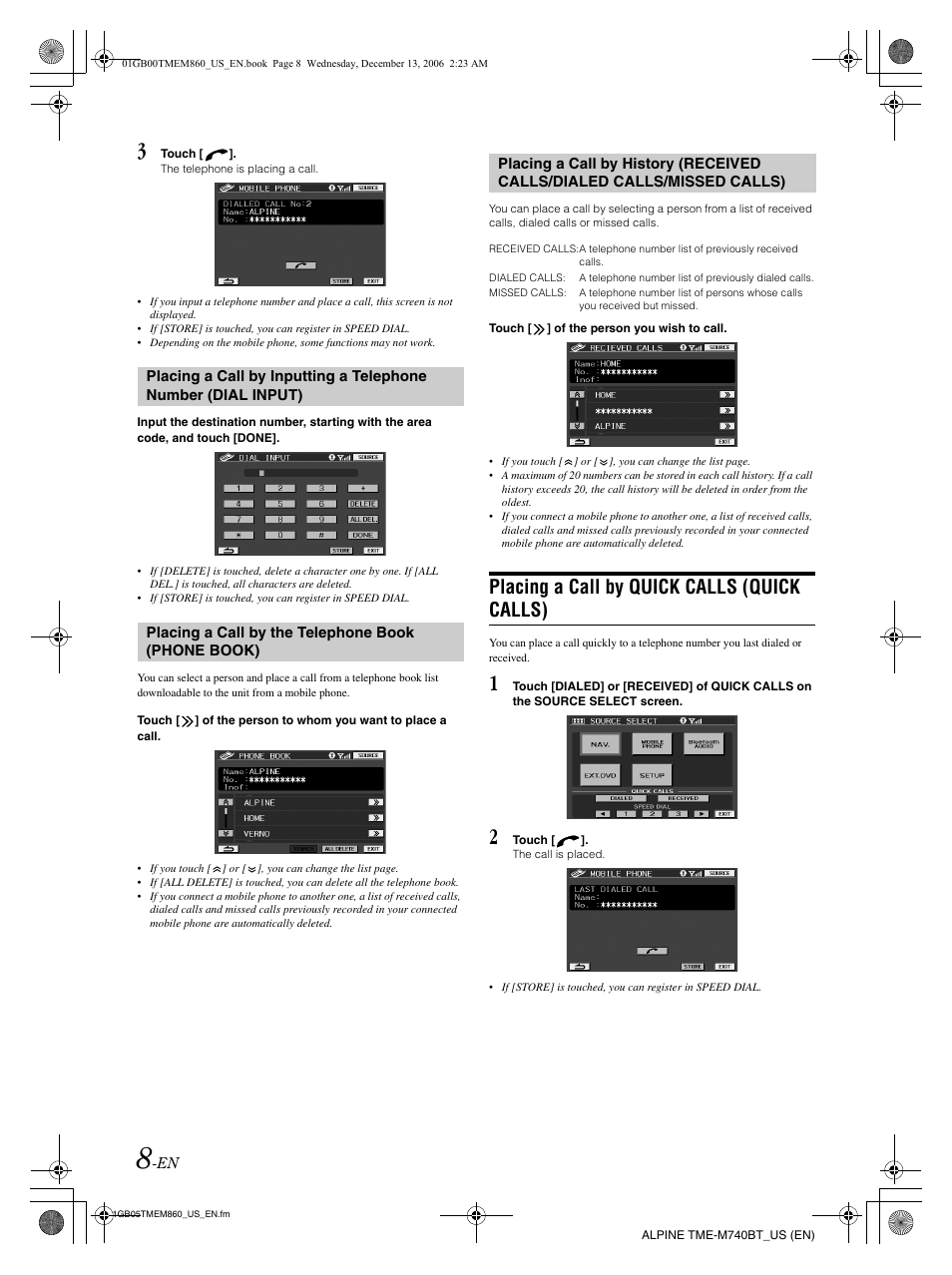 Placing a call by quick calls (quick calls) | Alpine TME-M740BT User Manual | Page 10 / 64