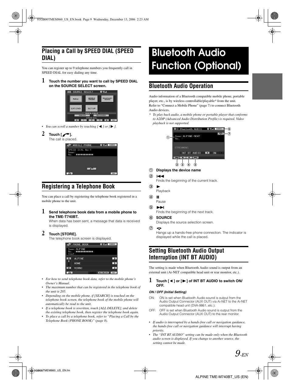 Bluetooth audio function (optional), Placing a call by speed dial (speed dial), Registering a telephone book | Bluetooth audio operation | Alpine TME-M740BT User Manual | Page 11 / 64