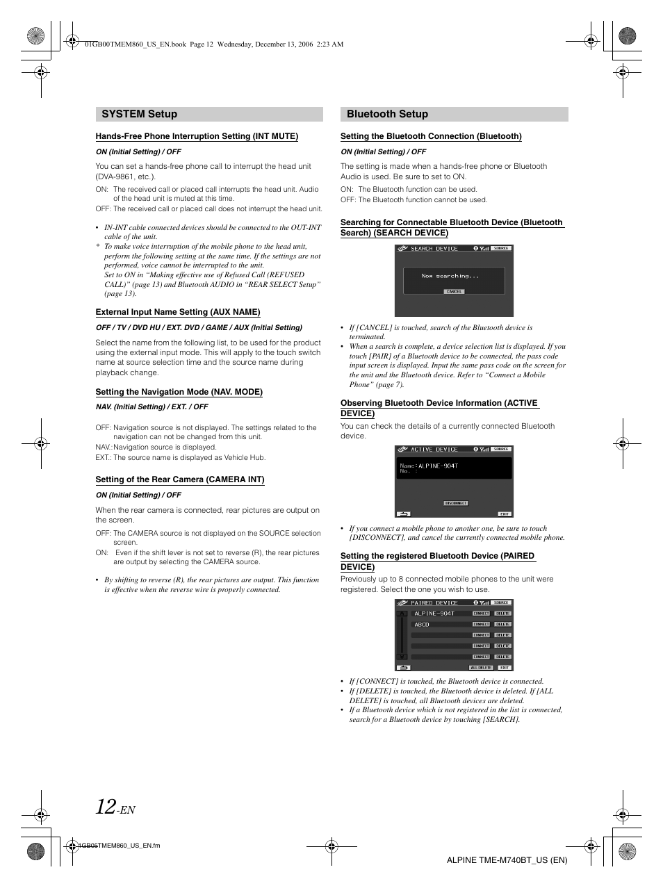 System setup, Bluetooth setup | Alpine TME-M740BT User Manual | Page 14 / 64