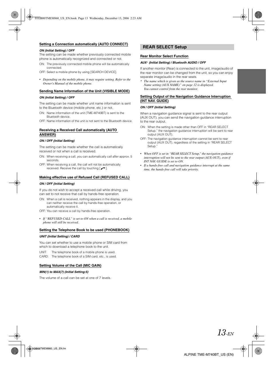 Rear select setup | Alpine TME-M740BT User Manual | Page 15 / 64