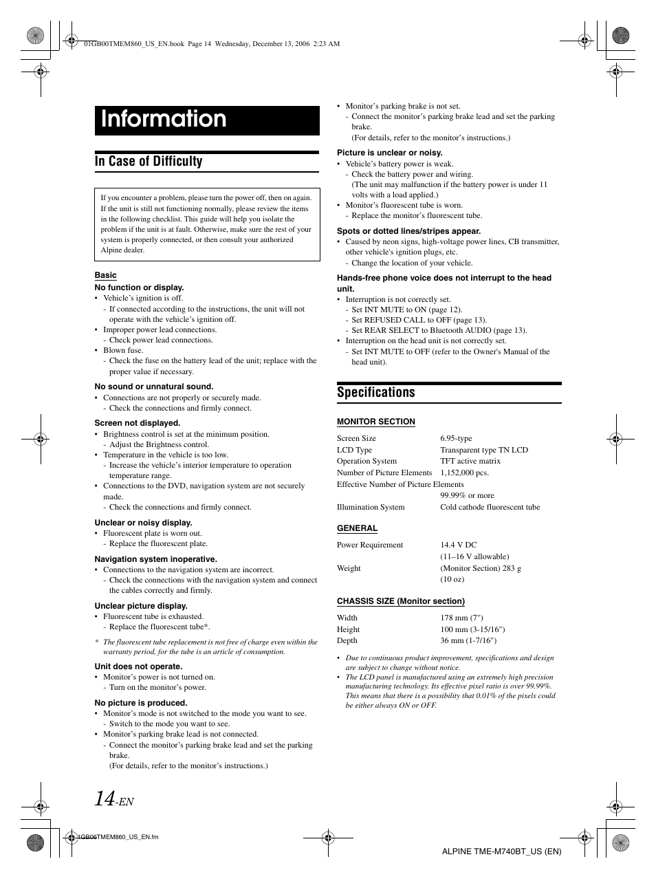 Information, Specifications | Alpine TME-M740BT User Manual | Page 16 / 64