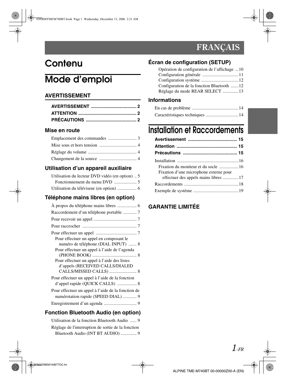 Contenu mode d’emploi, Installation et raccordements, Français | Alpine TME-M740BT User Manual | Page 23 / 64