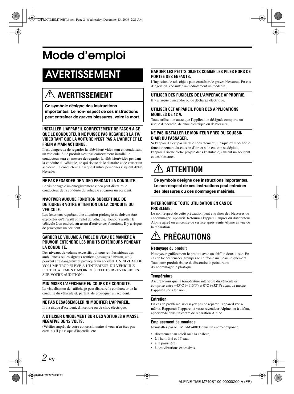 Mode d’emploi, Avertissement, Précautions | Attention | Alpine TME-M740BT User Manual | Page 24 / 64