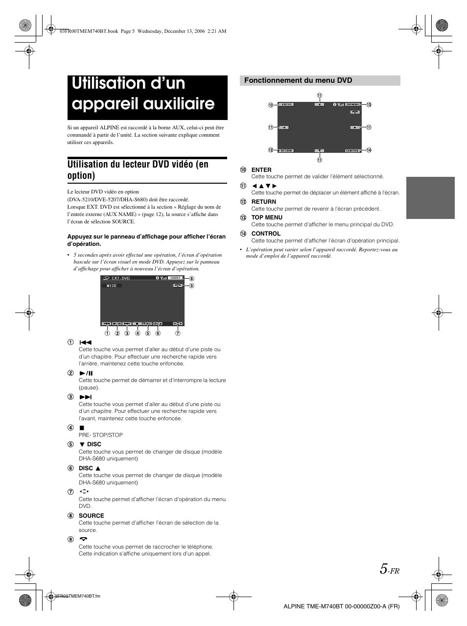 Utilisation d’un appareil auxiliaire, Utilisation du lecteur dvd vidéo (en option) | Alpine TME-M740BT User Manual | Page 27 / 64