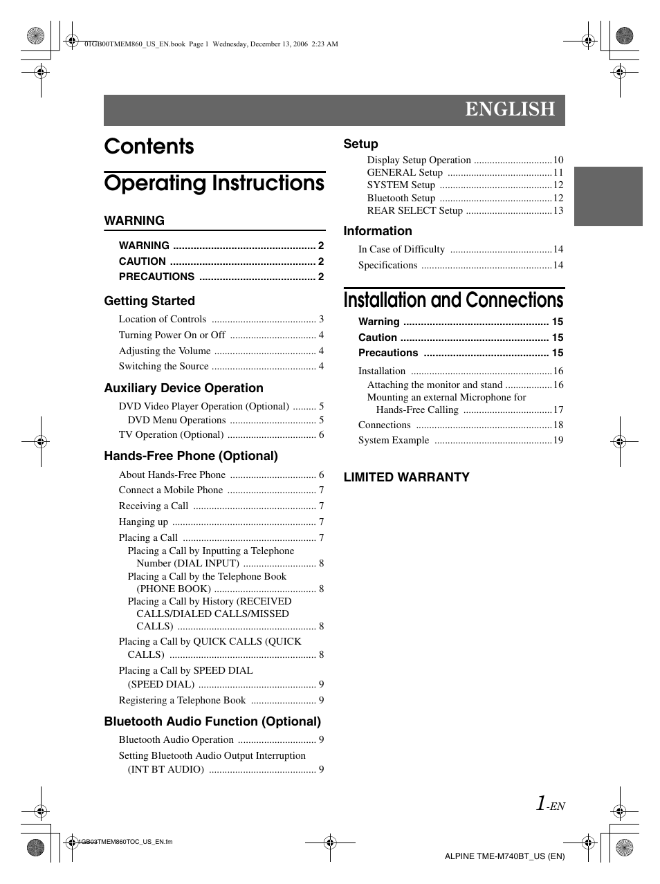 Contents operating instructions, Installation and connections, English | Alpine TME-M740BT User Manual | Page 3 / 64