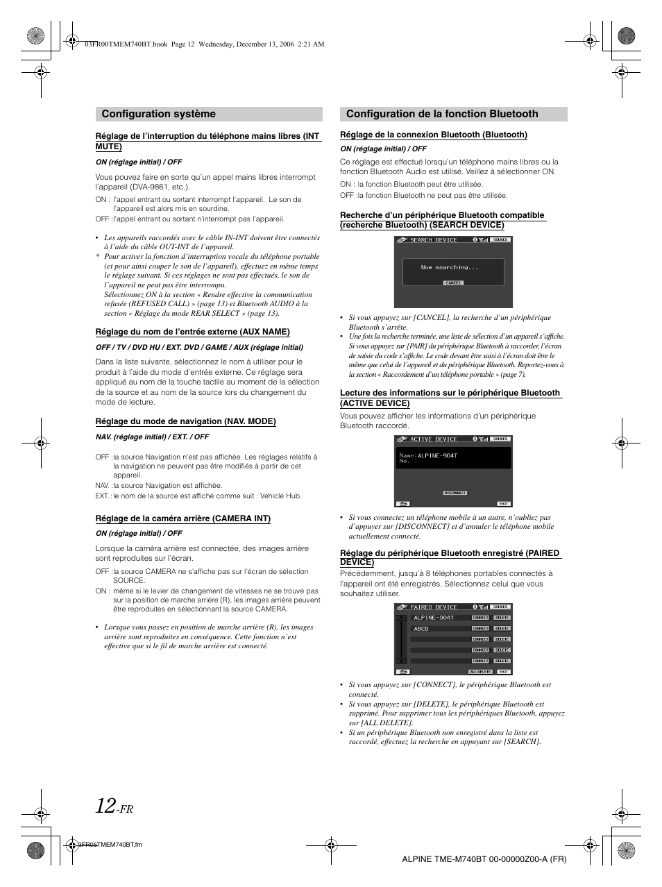 Configuration système, Configuration de la fonction bluetooth | Alpine TME-M740BT User Manual | Page 34 / 64