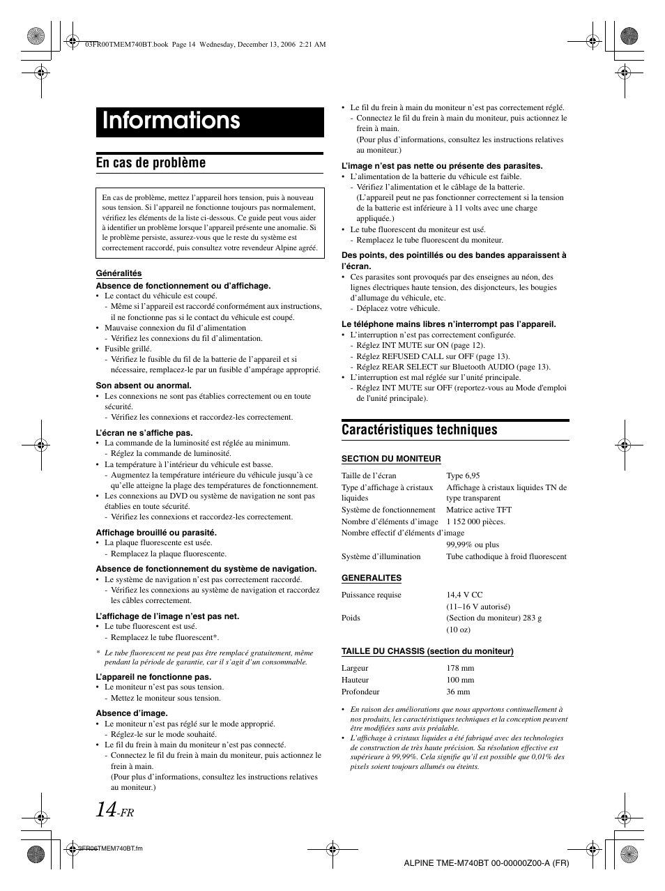 Informations, En cas de problème, Caractéristiques techniques | Alpine TME-M740BT User Manual | Page 36 / 64