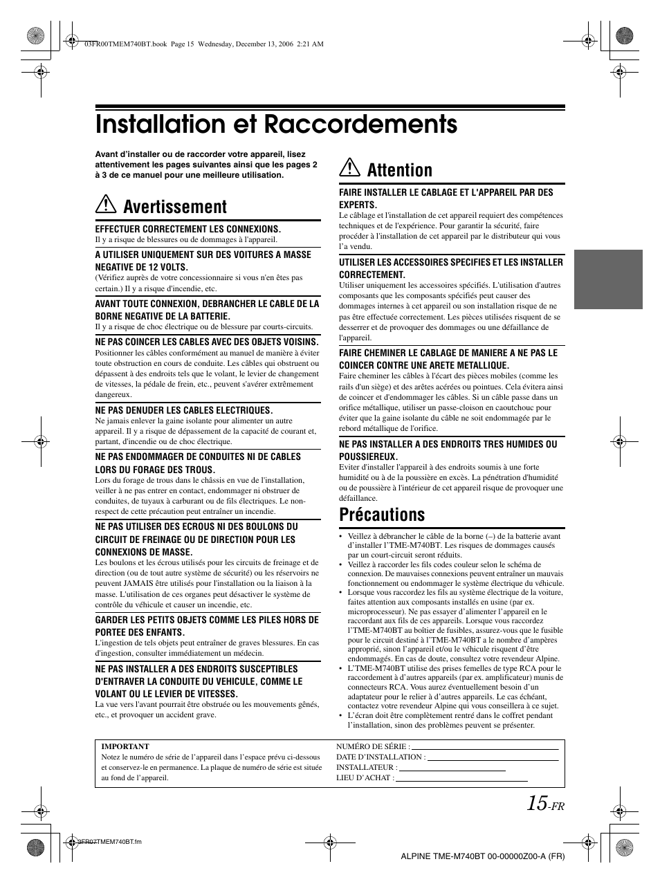 Installation et raccordements, Avertissement, Attention | Précautions | Alpine TME-M740BT User Manual | Page 37 / 64