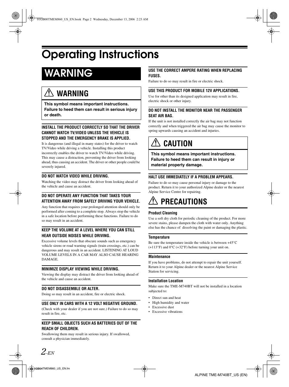 Operating instructions, Warning, Precautions | Caution | Alpine TME-M740BT User Manual | Page 4 / 64