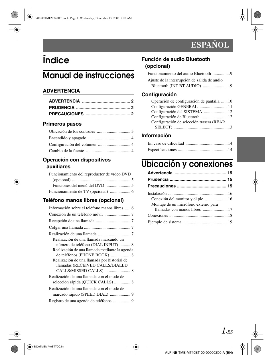 Índice manual de instrucciones, Ubicación y conexiones, Español | Alpine TME-M740BT User Manual | Page 43 / 64