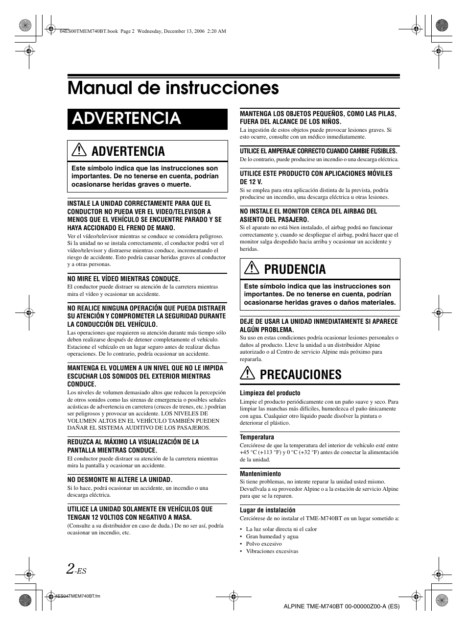 Manual de instrucciones, Advertencia, Precauciones | Prudencia | Alpine TME-M740BT User Manual | Page 44 / 64