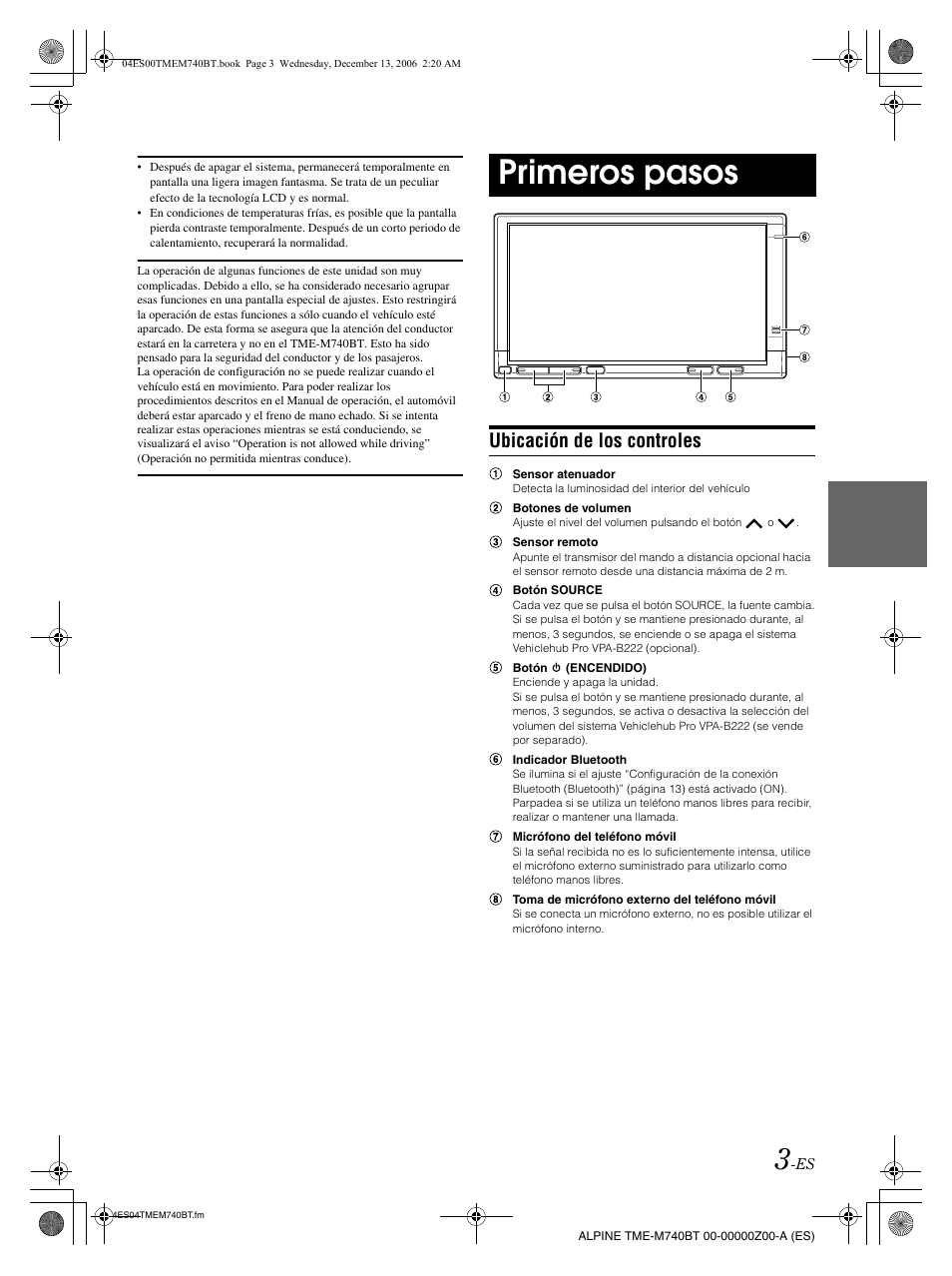 Primeros pasos, Ubicación de los controles | Alpine TME-M740BT User Manual | Page 45 / 64