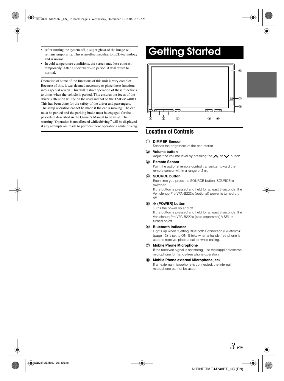 Getting started, Location of controls | Alpine TME-M740BT User Manual | Page 5 / 64