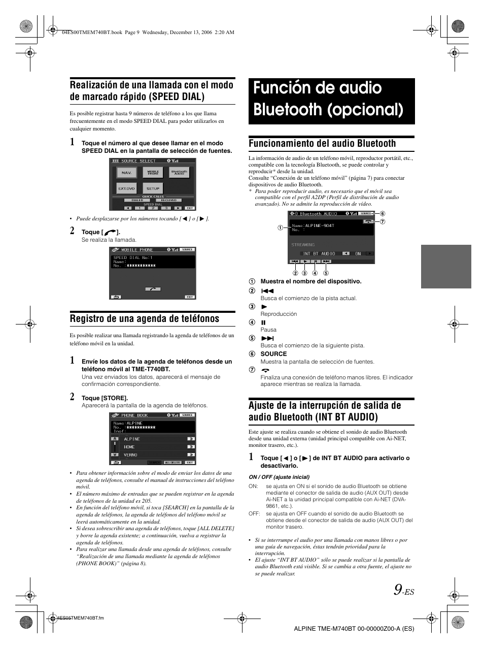 Función de audio bluetooth (opcional), Registro de una agenda de teléfonos, Funcionamiento del audio bluetooth | Alpine TME-M740BT User Manual | Page 51 / 64