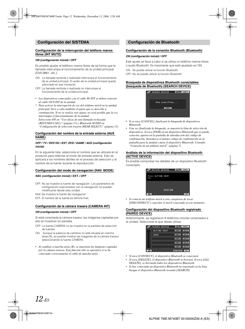 Configuración del sistema, Configuración de bluetooth | Alpine TME-M740BT User Manual | Page 54 / 64