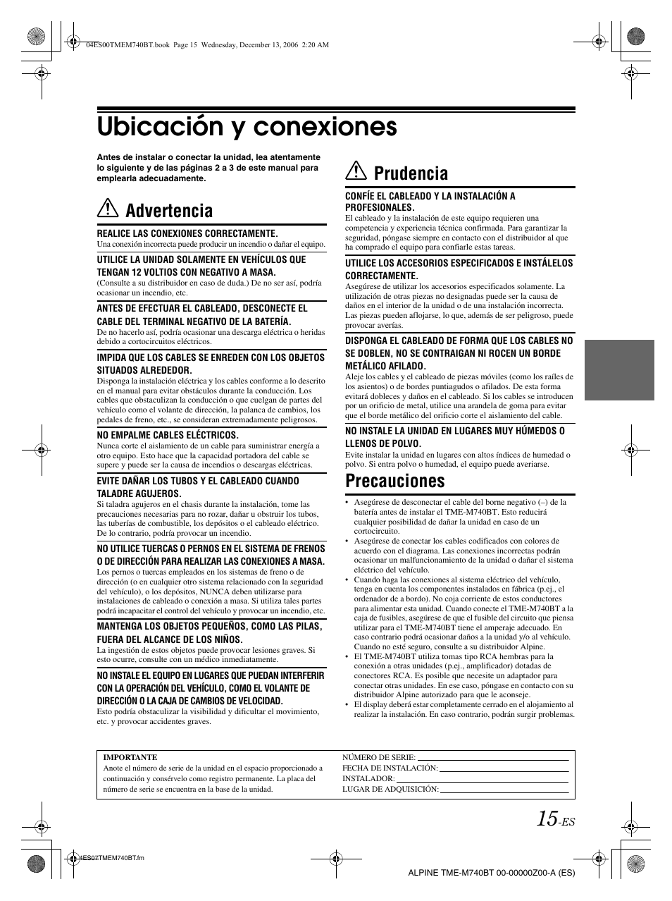 Ubicación y conexiones, Advertencia, Prudencia | Precauciones | Alpine TME-M740BT User Manual | Page 57 / 64