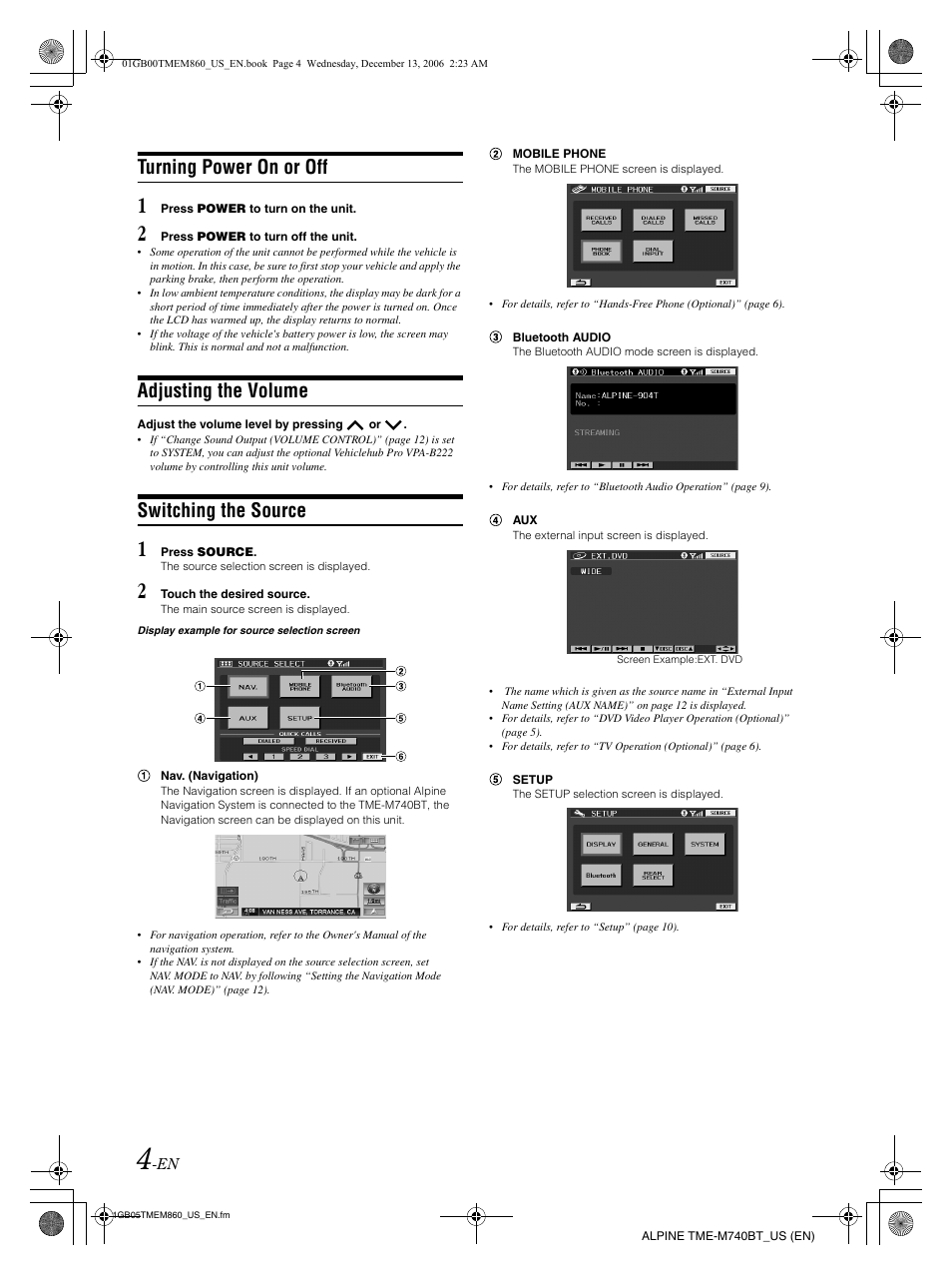 Turning power on or off, Adjusting the volume, Switching the source | Alpine TME-M740BT User Manual | Page 6 / 64