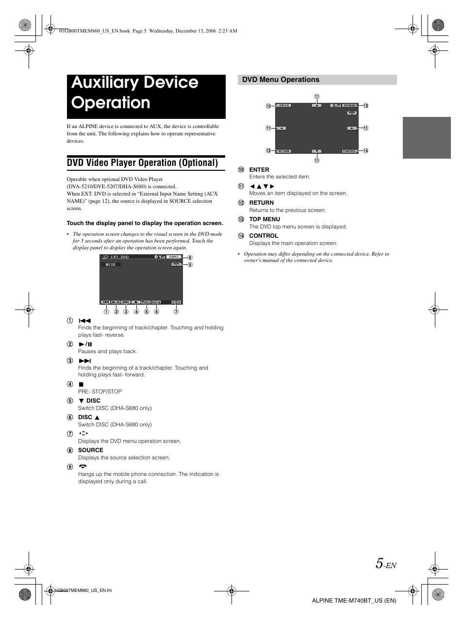 Auxiliary device operation, Dvd video player operation (optional) | Alpine TME-M740BT User Manual | Page 7 / 64