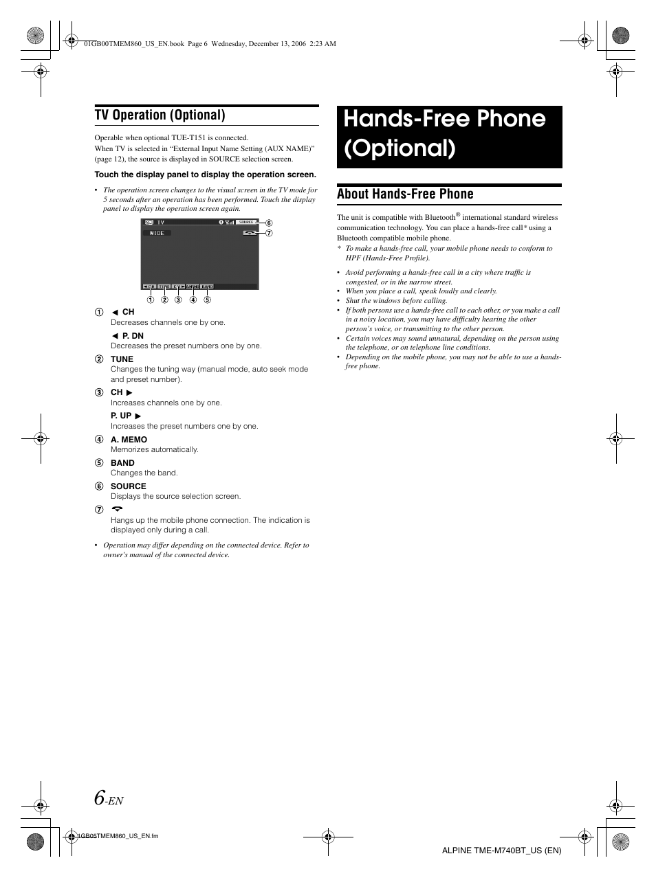 Hands-free phone (optional), Tv operation (optional), About hands-free phone | Alpine TME-M740BT User Manual | Page 8 / 64