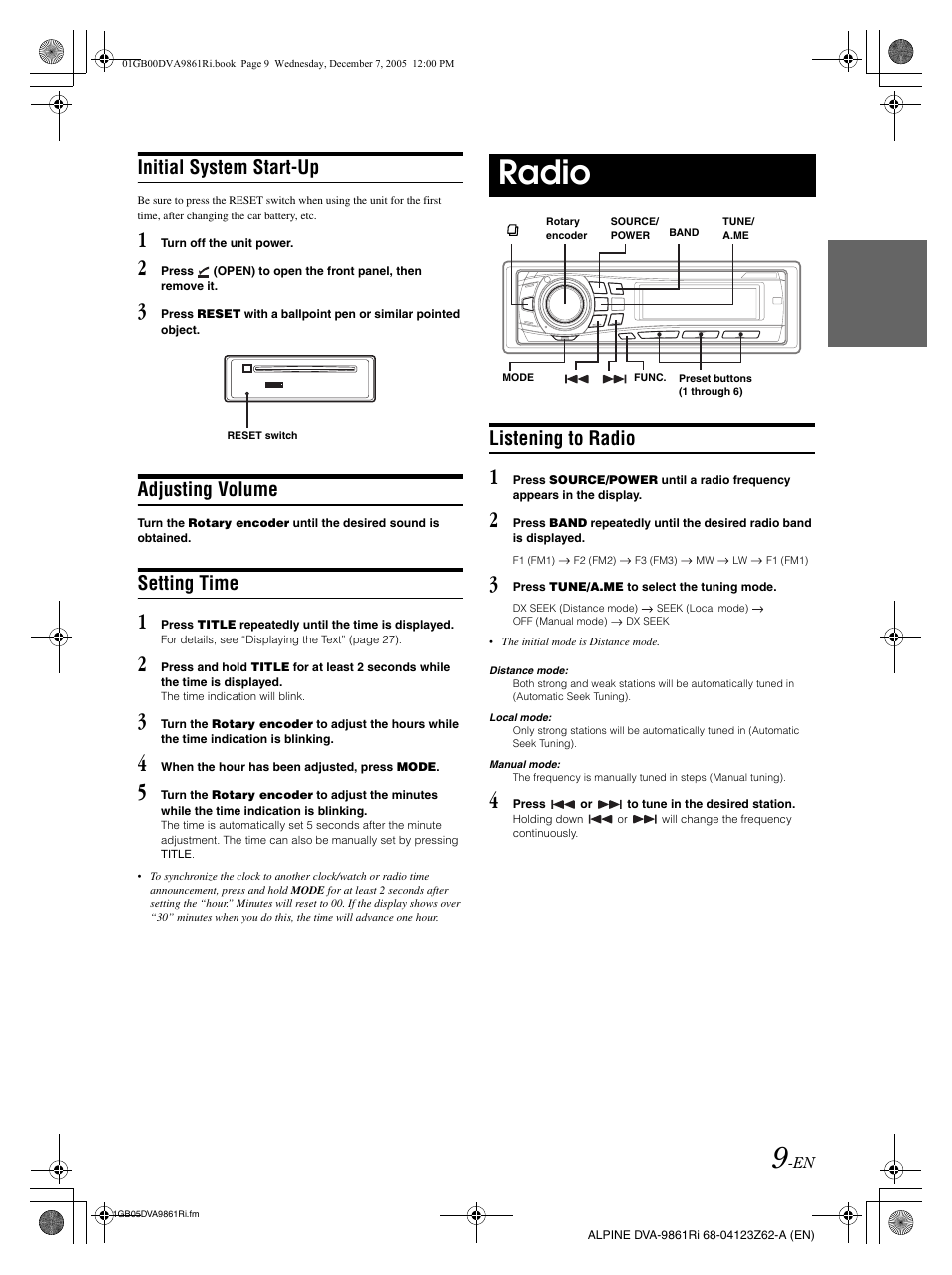 Radio, Initial system start-up, Adjusting volume | Setting time, Listening to radio | Alpine DVA-9861Ri User Manual | Page 10 / 76
