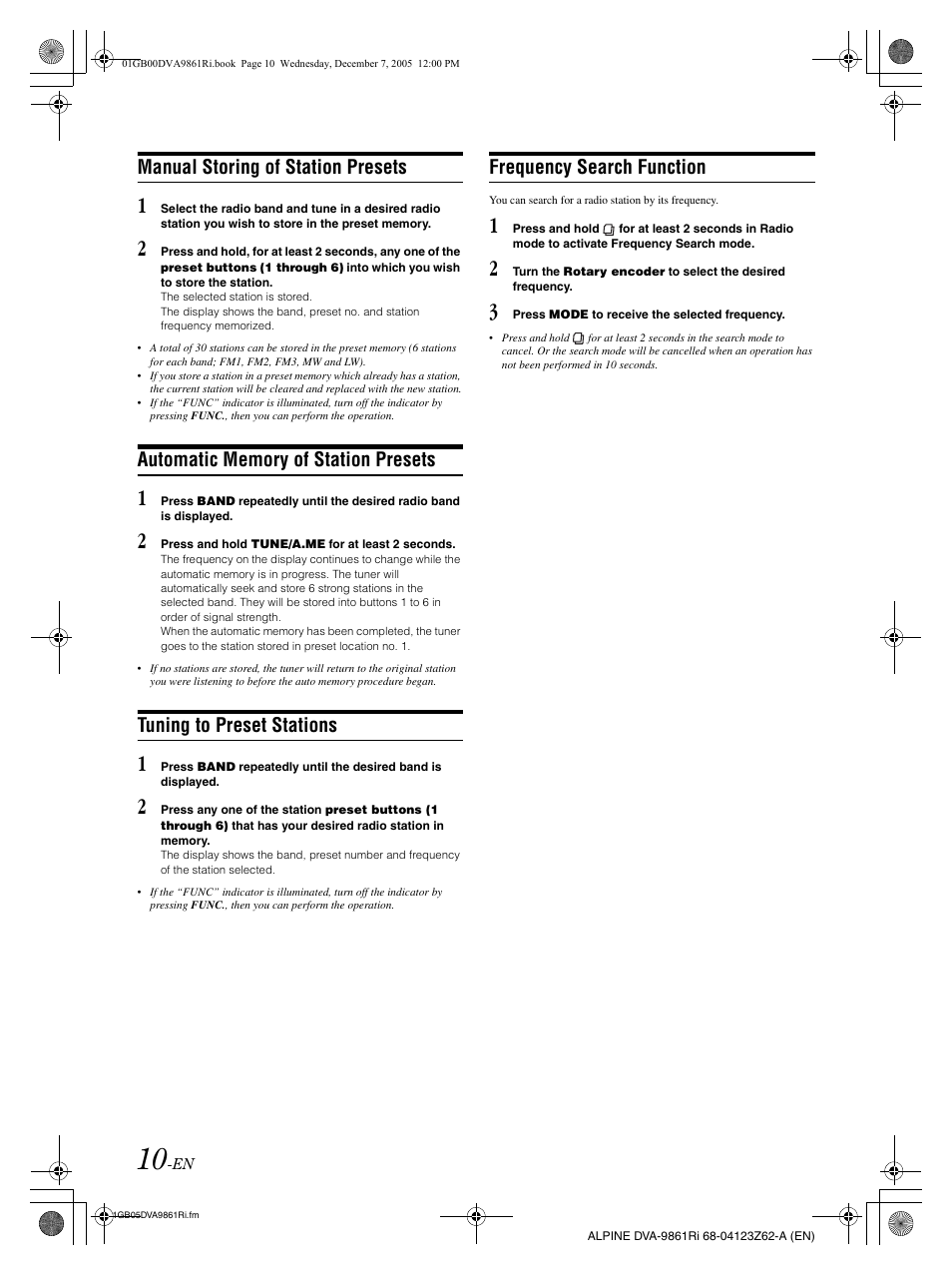 Manual storing of station presets, Tuning to preset stations, Frequency search function | Alpine DVA-9861Ri User Manual | Page 11 / 76