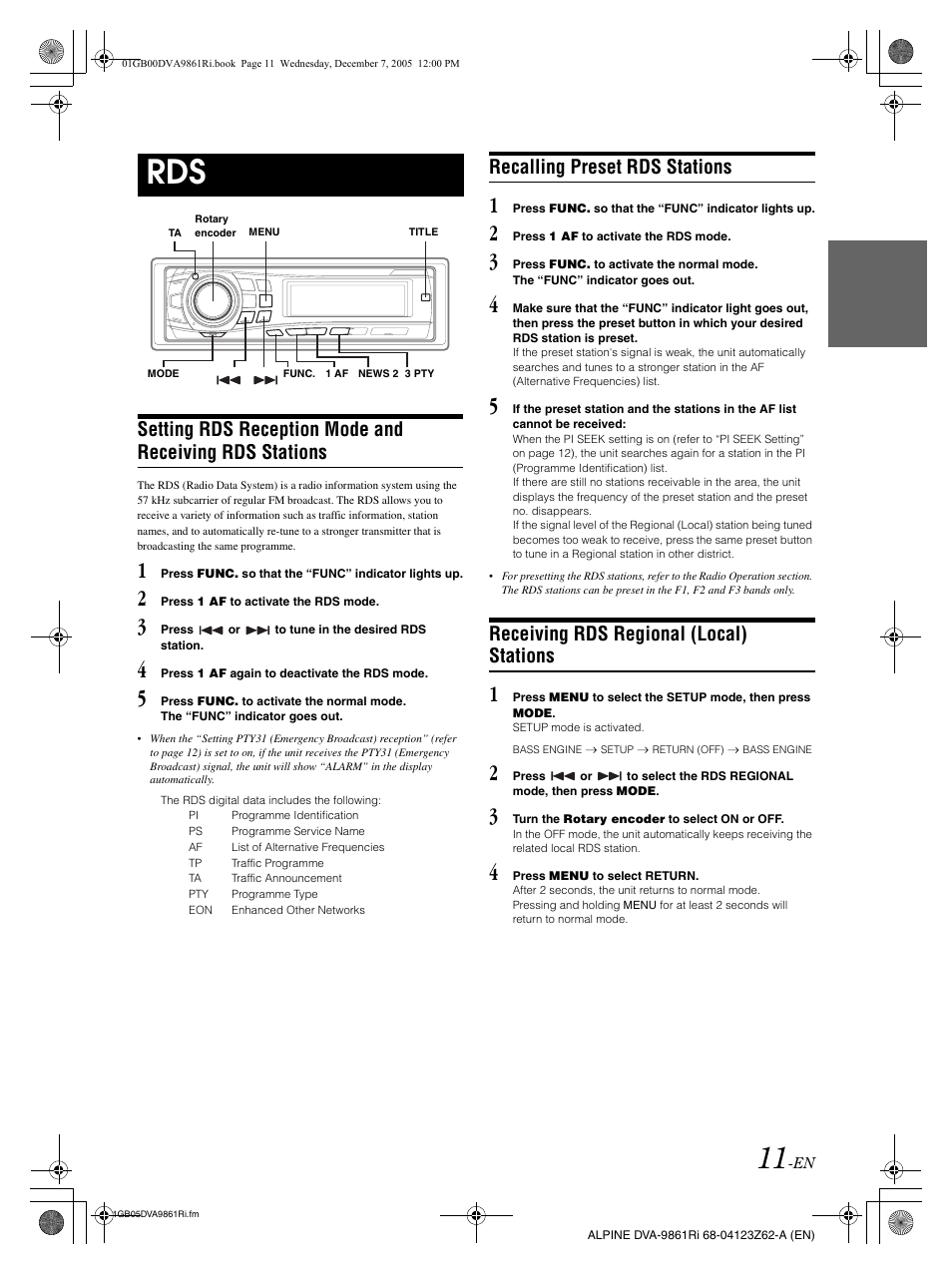 Recalling preset rds stations, Receiving rds regional (local) stations | Alpine DVA-9861Ri User Manual | Page 12 / 76